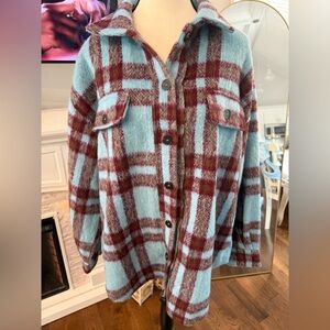 LA MIEL Oversized Checkered Jacket in Light Blue and Burgundy/Brown